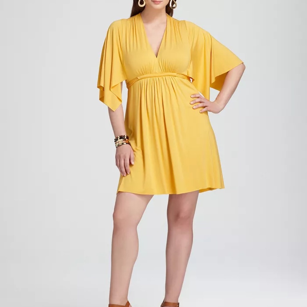 RACHEL PALLY Signature Stretch Jersey Marigold Yellow Plunge Mini Caftan Dress L